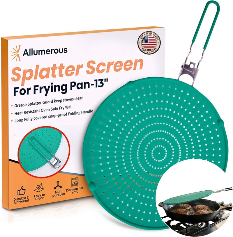 Allumerous Store Silicone Splatter Screen for Frying Pan | Green 13"| No More Oil Splatters | Foldable Handle w/Sleeves, Heat-Resistant, Dishwasher-Safe | Versatile Fits 10"–12″ Pans (Most 13″ Skillets Compatible) - Image 1